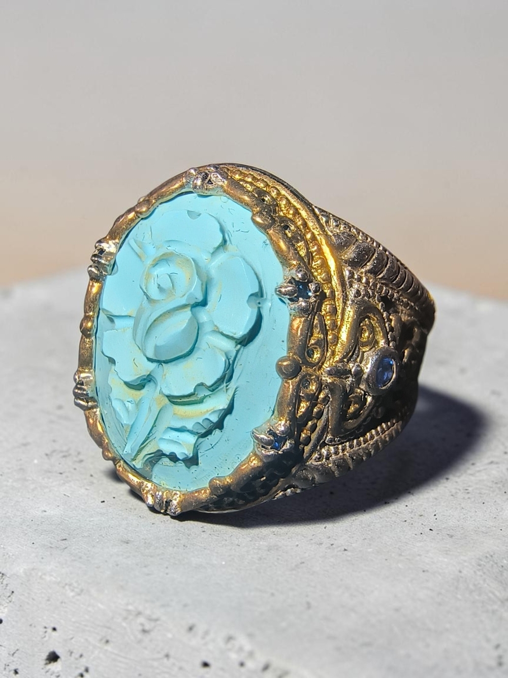 Michael Valitutti NH Sterling Silver Two-Tone Ring with Turquoise Carved Rose